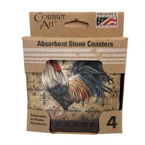 NEW Counter Art Rooster Stone Coasters, Absorbent Cork Backed Farmhouse Gift